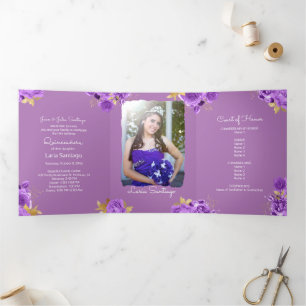 Photo Spanish Pink and Purple Roses Quinceanera  Tri-Fold Invitation