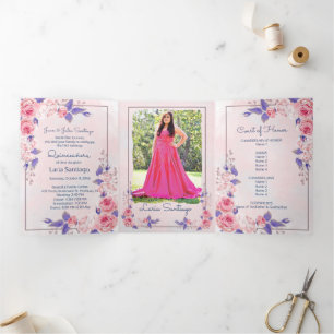 Photo Spanish Pink and Purple Roses Quinceanera  Tri-Fold Invitation