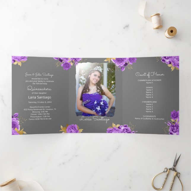 Photo Spanish Pink and Purple Roses Quinceanera  Tri-Fold Invitation (Inside)