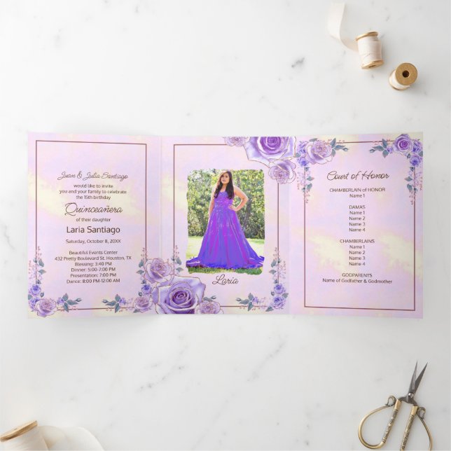 Photo Spanish Pink  Lavender Roses Quinceanera Tri-Fold Invitation (Inside)