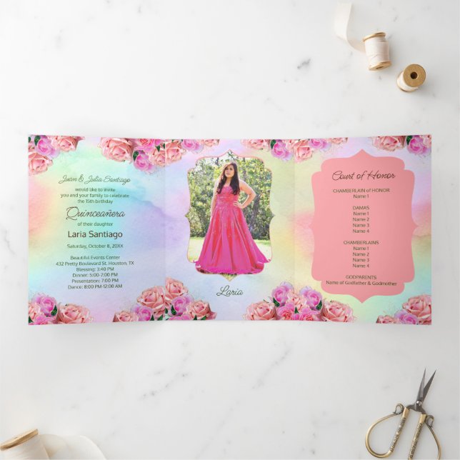Photo Spanish Pink Roses Rainbow Quinceanera Tri-Fold Invitation (Inside)