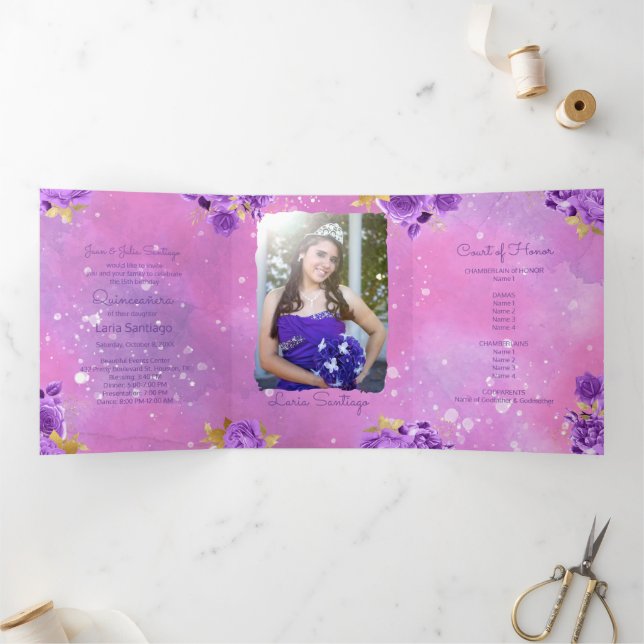 Photo Spanish Pink watercolor Quinceanera  Tri-Fold Invitation (Inside)