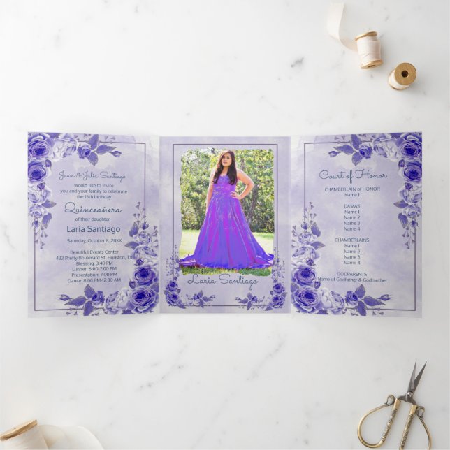 Photo Spanish Purple Lavender Roses Quinceanera Tri-Fold Invitation (Inside)