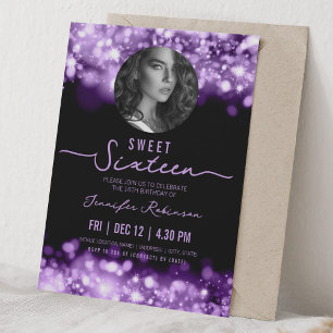 PHOTO Sparkle Lights Sweet 16 Birthday Purple  Invitation