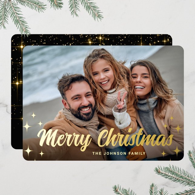 PHOTO Sparkle Merry Christmas Greeting Gold Foil Holiday Card (Creator Uploaded)