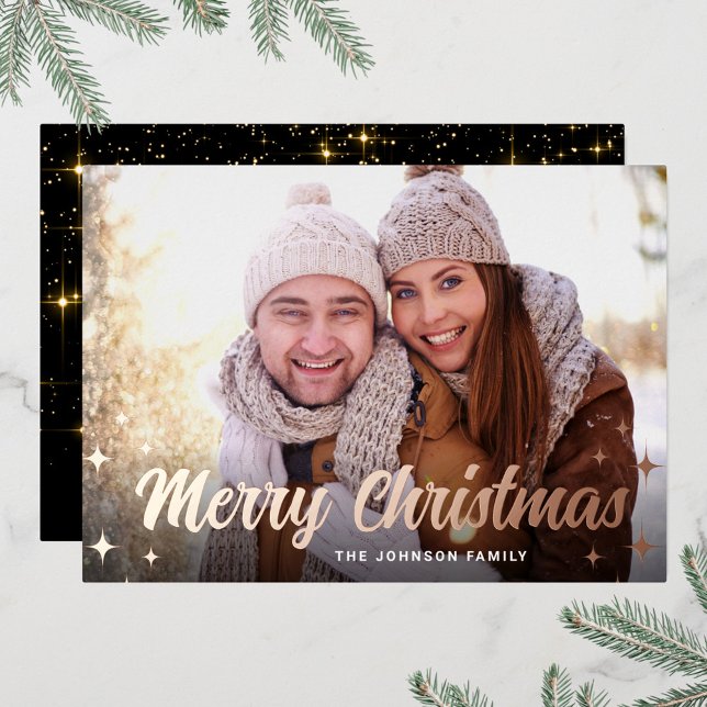 PHOTO Sparkle Merry Christmas Greeting Rose Gold Foil Holiday Card (Creator Uploaded)