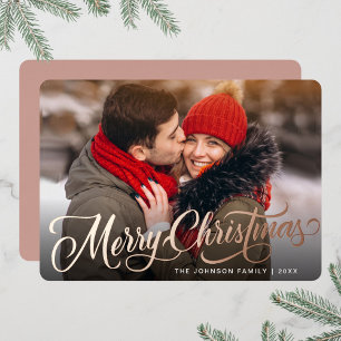 PHOTO Sparkle Merry Christmas Greeting Rose Gold Foil Holiday Card