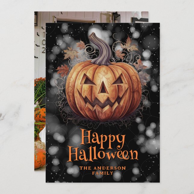 Photo Spooky Pumpkin Happy Halloween Card (Front/Back)
