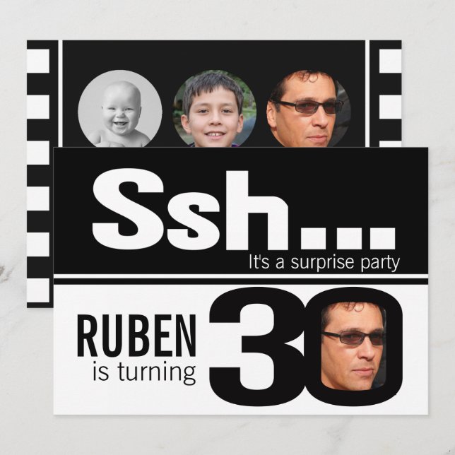Photo ssh men black white 30th birthday 4 photos invitation (Front/Back)