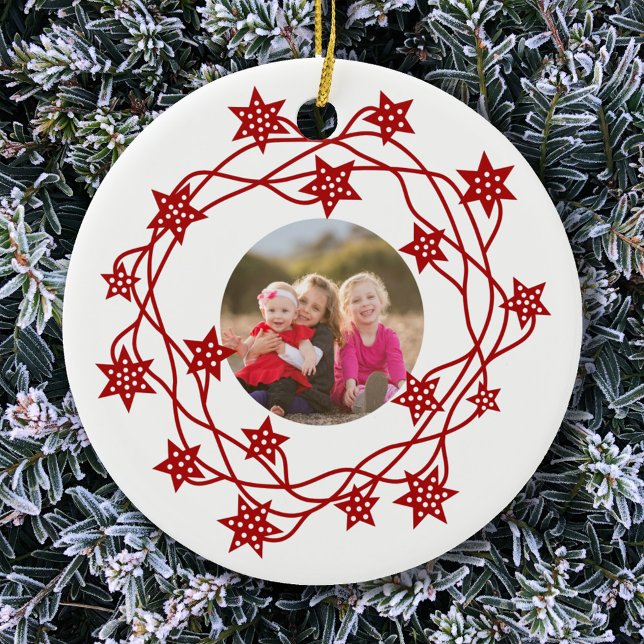 Photo Star Wreath Scandinavian Ceramic Ornament (Scandinavian red and white star wreath photo Christmas ornament)