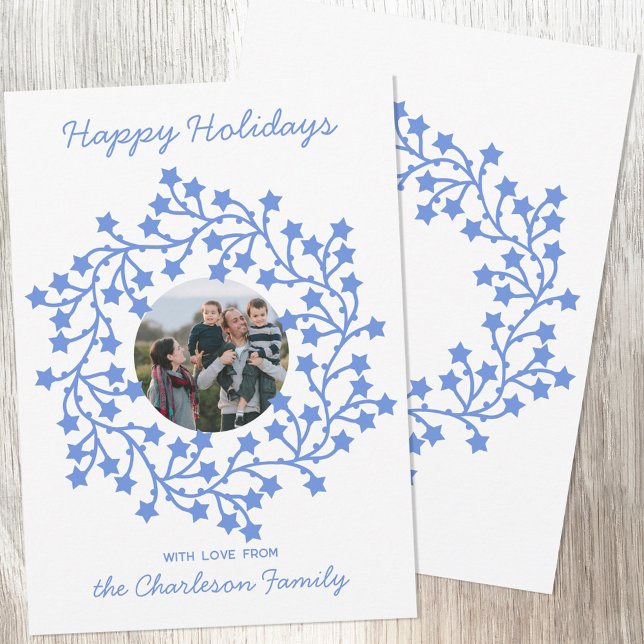 Photo Star Wreath Scandinavian Holiday Card (Scandinavian star wreath garland personalized photo Christmas or holiday card)