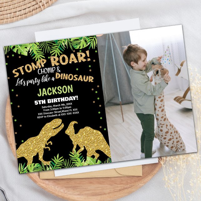 Photo Stomp Roar Glitter Dinosaur Birthday Invitation (Photo Stomp Roar Glitter Dinosaur Birthday Invitation)