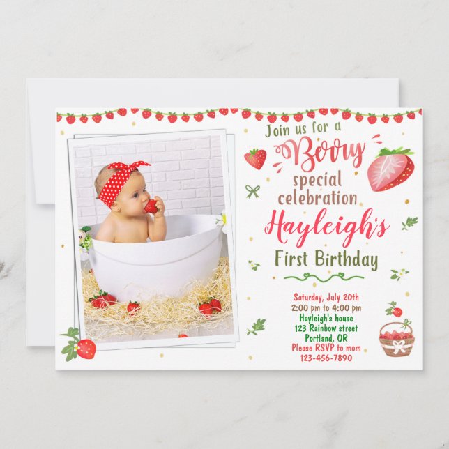 Photo Strawberry birthday invitation Berry sweet (Front)