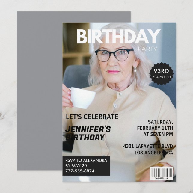 Photo Stylish Magazine Cover for her 93rd birthday Invitation (Front/Back)