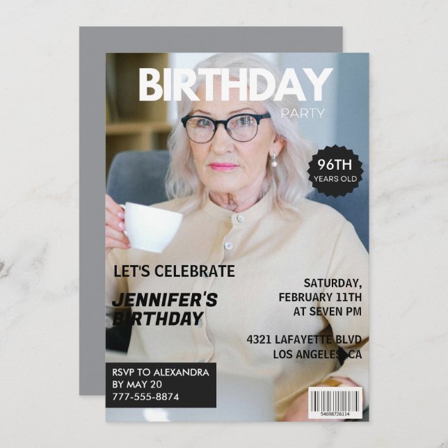 Photo Stylish Magazine Cover for her 96th birthday Invitation (Front/Back)