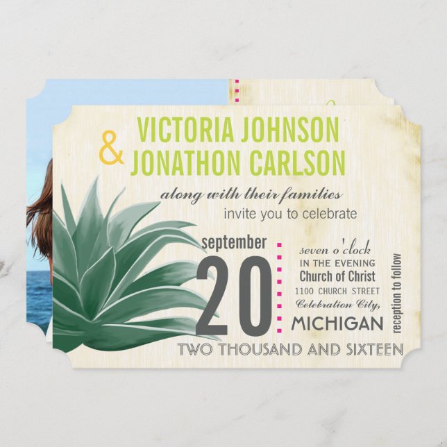 Photo Succulent Aloe Pink Lime Hydrangea Wedding Invitation (Front/Back)