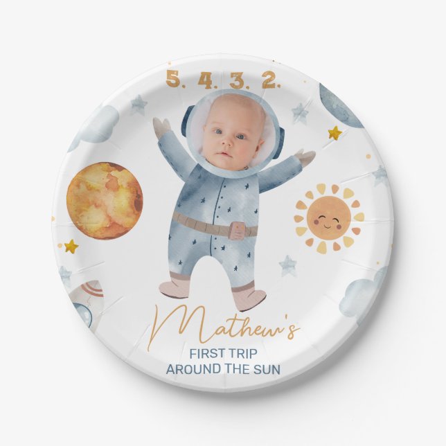 Photo Sun First Trip Around the Sun 1st Birthday Paper Plate (Front)