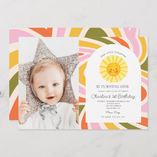 Photo Sun Rainbow Retro Boho Wavy 1st Birthday Invitation
