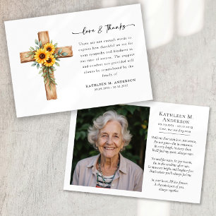 Photo Sunflower Cross Script Funeral Thank You Card