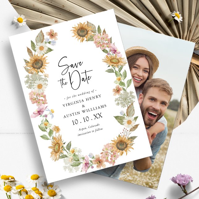 Photo Sunflower Save the Date Card (Photo Sunflower Wildflower Wreath Floral Save the Date Card by Painted Paperie
)