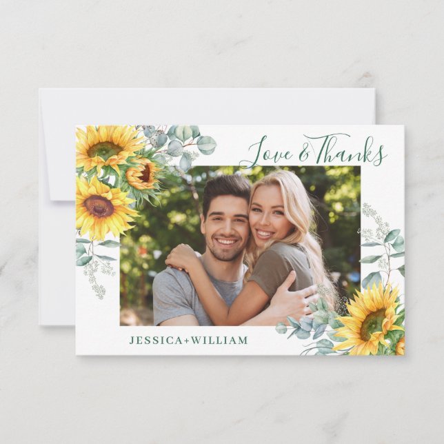 PHOTO Sunflowers Eucalyptus Wedding Rustic Thank You Card (Front)