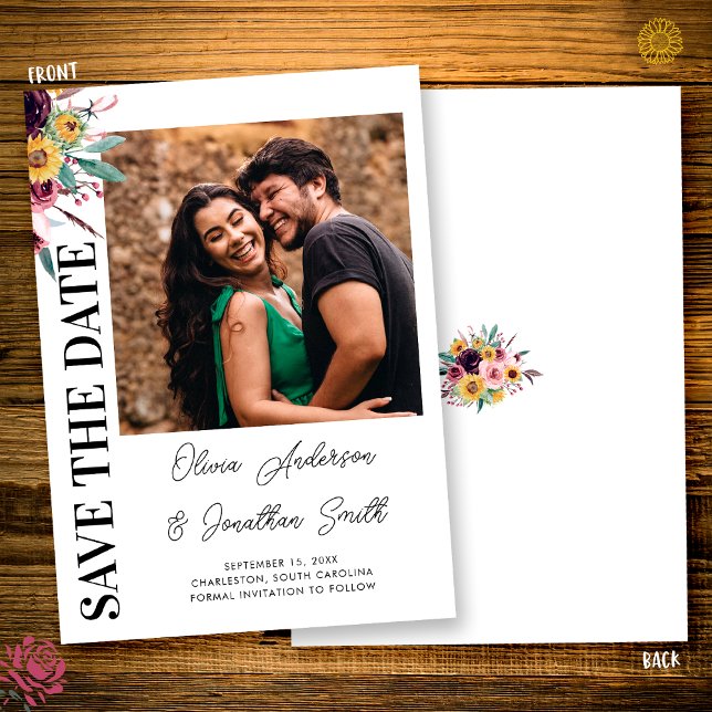 Photo Sunflowers Rose Burgundy Rustic Fall Wedding Save The Date (Creator Uploaded)