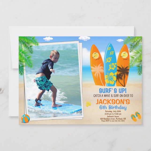 Photo Surfing birthday invitation Surfboard invite (Front)