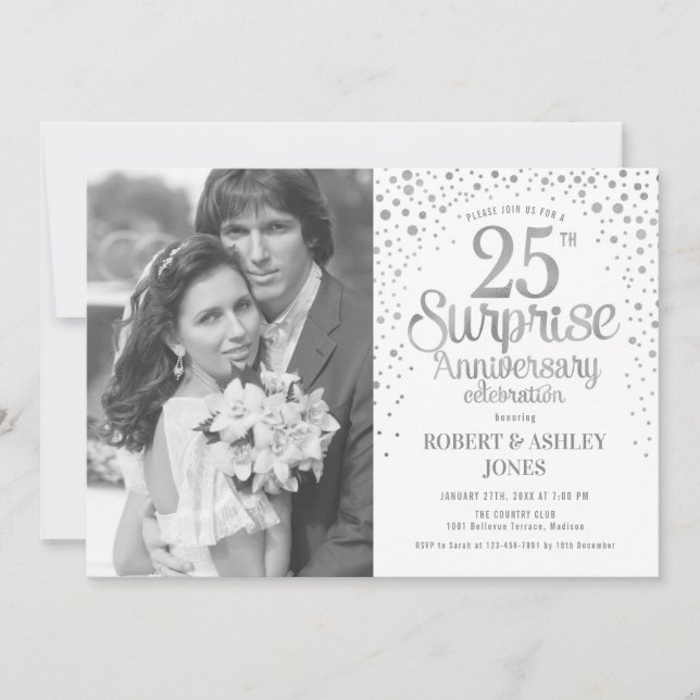 Photo Surprise 25th Anniversary - White Silver Invitation (Front)