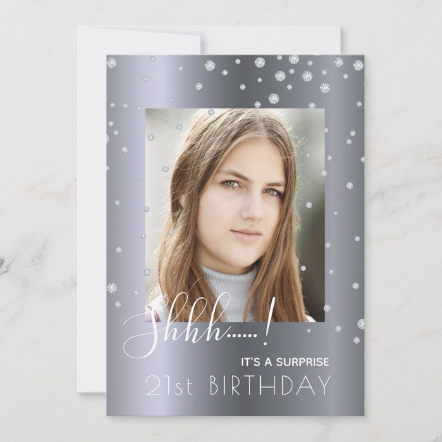 Photo Surprise Birthday Party silver diamonds Invitation (Front)