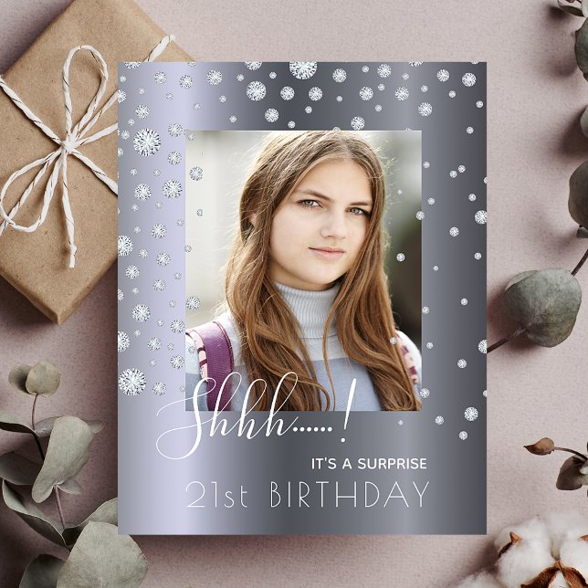 Photo Surprise Birthday silver diamond invitation Postcard (Creator Uploaded)