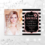 Photo Sweet 16 Birthday - Kiss Rose Gold Black Invitation<br><div class="desc">Photo Sweet 16 Birthday - Kiss Rose Gold Black Invitation. Sweet sixteen birthday party invitation with your photo. Features black white stripes,  script font,  lips kiss and confetti. Classy black white pink design with faux glitter rose gold. Perfect for an elegant 16th bday celebration.</div>
