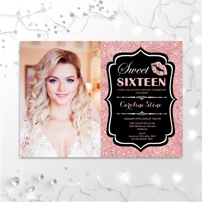 Photo Sweet 16 Birthday -  Kiss Rose Gold Black Invitation (Creator Uploaded)