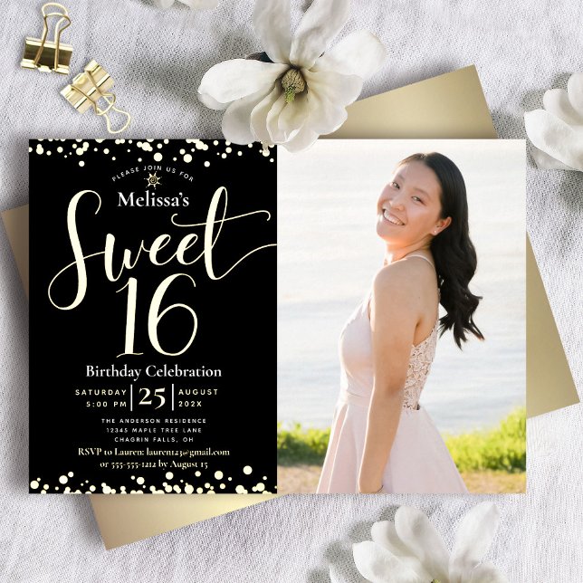 Photo Sweet 16 Birthday Modern Black Real Gold (Creator Uploaded)