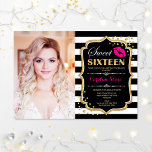 Photo Sweet 16 Birthday - Pink Kiss Gold Black Invitation<br><div class="desc">Photo Sweet 16 Birthday - Pink Kiss Gold Black. Sweet sixteen birthday party invitation with your photo. Features black white stripes,  script font,  lips kiss  and confetti. Classy black,  white,  fuchsia pink design with faux glitter gold. Perfect for an elegant 16th bday celebration.</div>