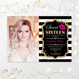 Photo Sweet 16 Birthday - Pink Kiss Gold Black Invitation