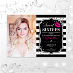 Photo Sweet 16 Birthday - Pink Kiss Silver Black Invitation<br><div class="desc">Photo Sweet 16 Birthday - Pink Kiss Silver Black. Sweet sixteen birthday party invitation with your photo. Features black white stripes, script font, lips kiss and confetti. Classy black white fuchsia hot pink design with faux glitter silver. Perfect for an elegant 16th bday celebration.</div>