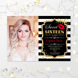 Photo Sweet 16 Birthday - Red Kiss Gold Black Invitation<br><div class="desc">Photo Sweet 16 Birthday - Red Kiss Gold Black. Sweet sixteen birthday party invitation with your photo. Features black white stripes,  script font,  lips kiss  and confetti. Classy black white red design with faux glitter gold. Perfect for an elegant 16th bday celebration.</div>