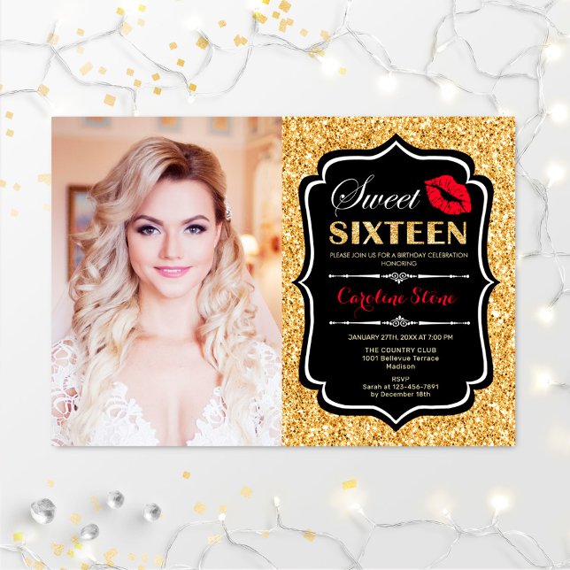 Photo Sweet 16 Birthday Red Kiss Gold Black Invitation (Creator Uploaded)