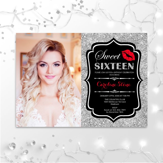 Photo Sweet 16 Birthday Red Kiss Silver Black Invi Invitation (Creator Uploaded)