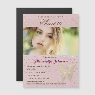 Photo Sweet 16 Girl Pink and Gold Butterfly Magnetic Invitation