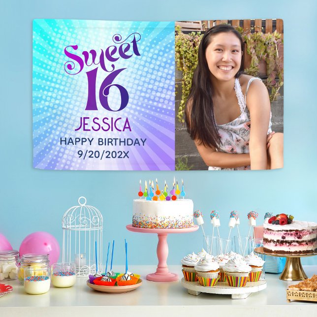 Photo Sweet 16 Groovy Purple Blue Gradient Retro Banner (Creator Uploaded)