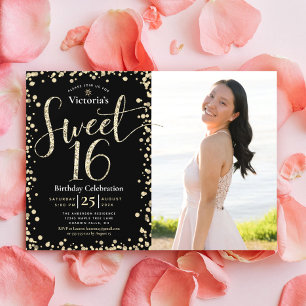 Photo Sweet 16 Modern Black Gold Glitter Birthday Invitation