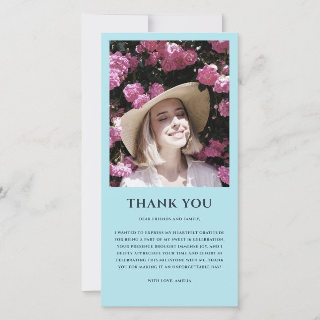 Photo Sweet 16 Pastel Blue Birthday Thank You Card (Front)