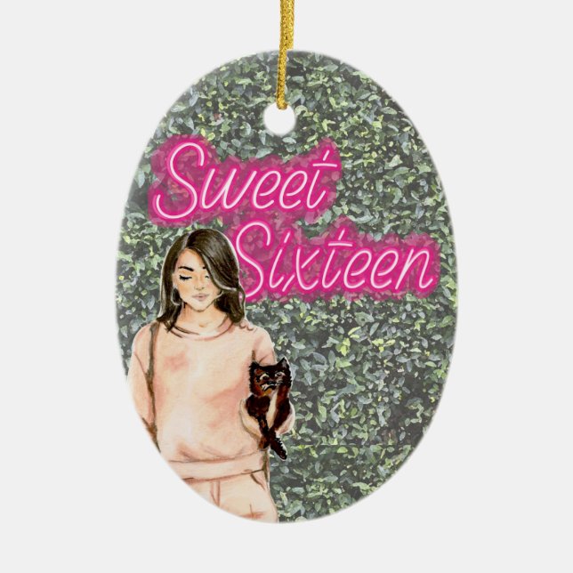 PHOTO Sweet Sixteen Neon Sign Foliage Christmas Ceramic Ornament (Front)