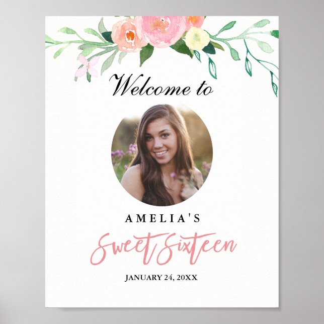 Photo Sweet Sixteen Welcome Sign Botanical (Front)