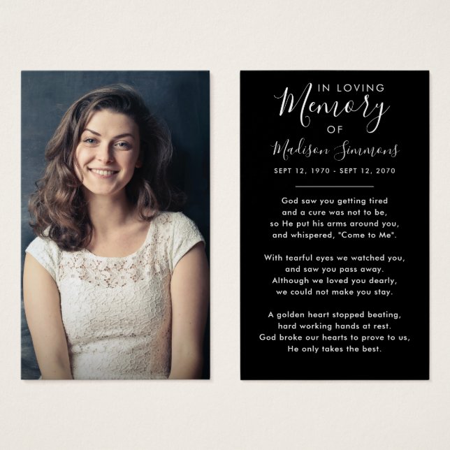 Photo Sympathy Funeral Memorial Black Prayer Cards (Front & Back)