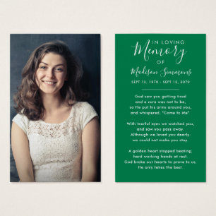 Photo Sympathy Funeral Memorial Green Prayer Cards