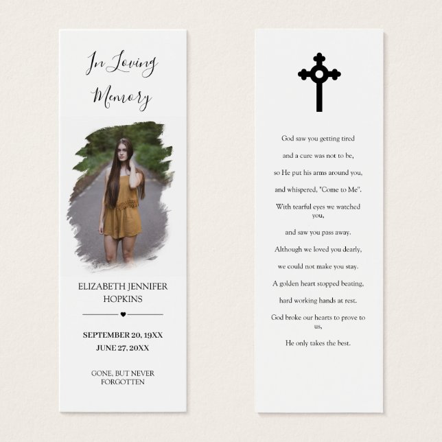 Photo Sympathy Funeral Memorial Poem Bookmark Card (Front & Back)