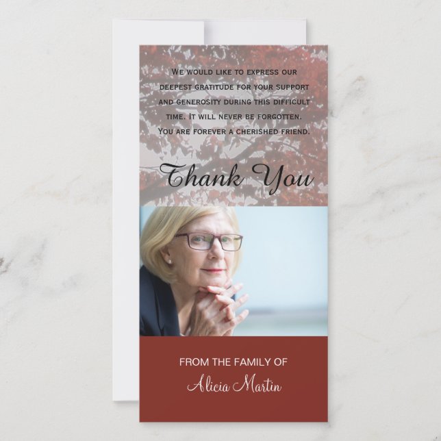 Photo Sympathy Memorial Thank You Red Autumn Tree Card (Front)