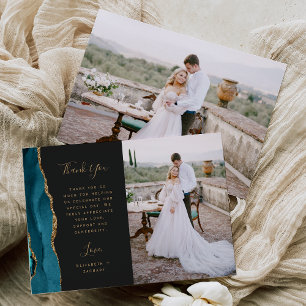 Photo Teal Blue Agate Gold Script Wedding Thank You Card
